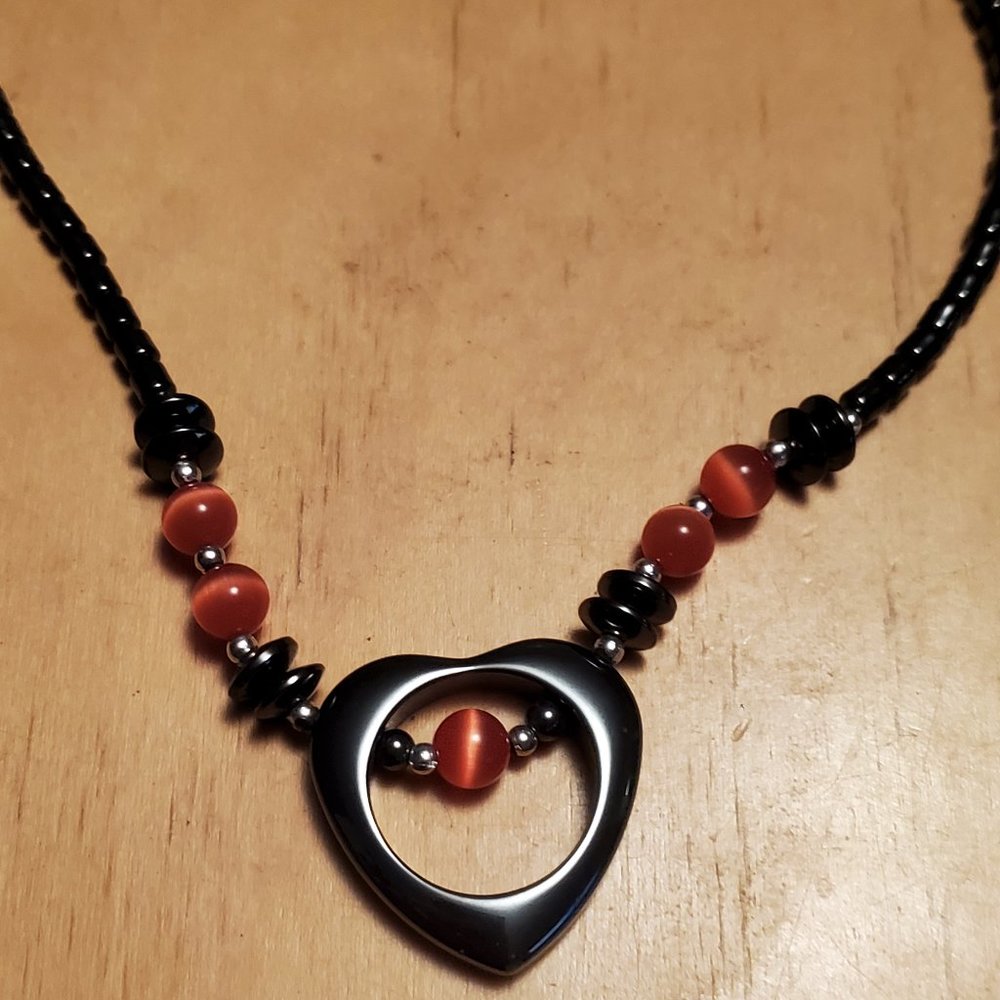 18" Hematite Orange Cats Eye Strand Necklace Heart